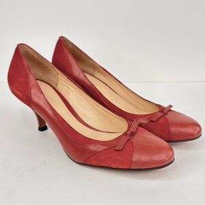 Ann Taylor LOFT Dusty Red Rust Leather Suede Retro Kitten Heel Pumps Bow Accent